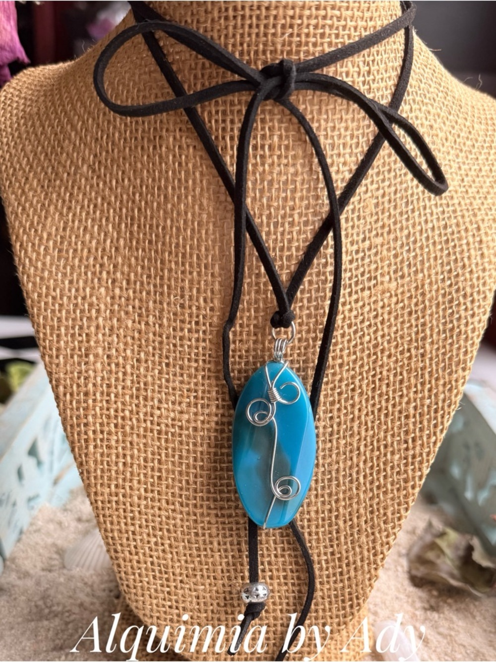 Alquimia Turquoise Blue Wire-Wrapped Pendant on Black Suede Cord